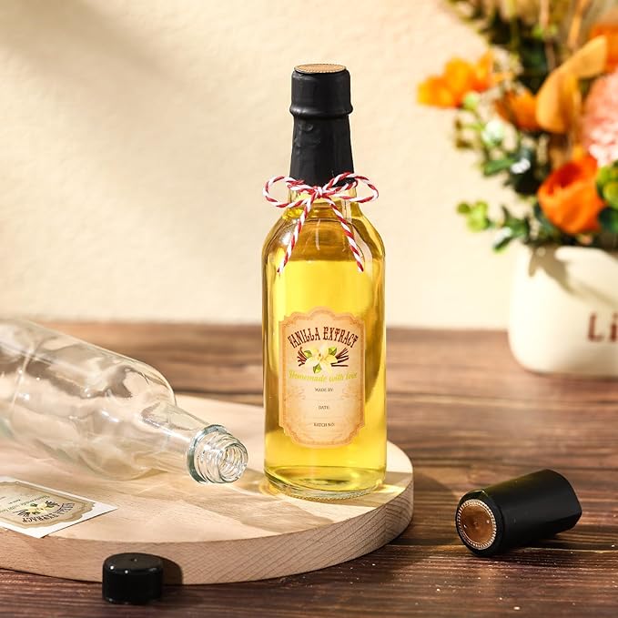 Tioncy 16 Pcs Vanilla Extract Bottles for Homemade Vanilla Jar Glass Bottle with Cap, Shrink Band