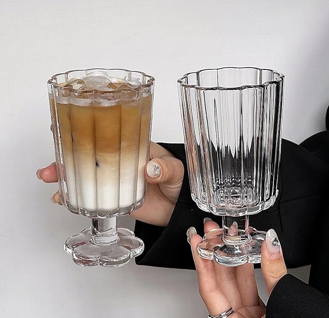 Footed Ice Cream Cups Drinking Glasses Set of 2 (Transparent), Flower Petal Style Glass Goblet