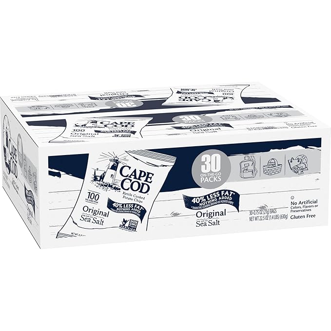 Cape Cod Potato Chips, Original Less Fat Kettle Cooked Chips, Snack Bags, Reduced Fat Original