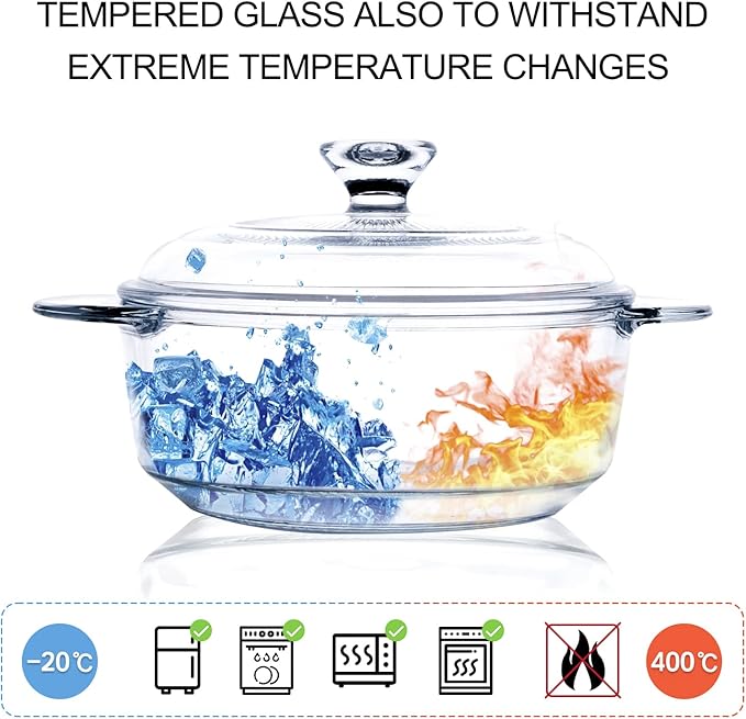 Clear Round Glass Casserole with Lid, Baking Dish with Glass Cover, Glass Casserole for Oven