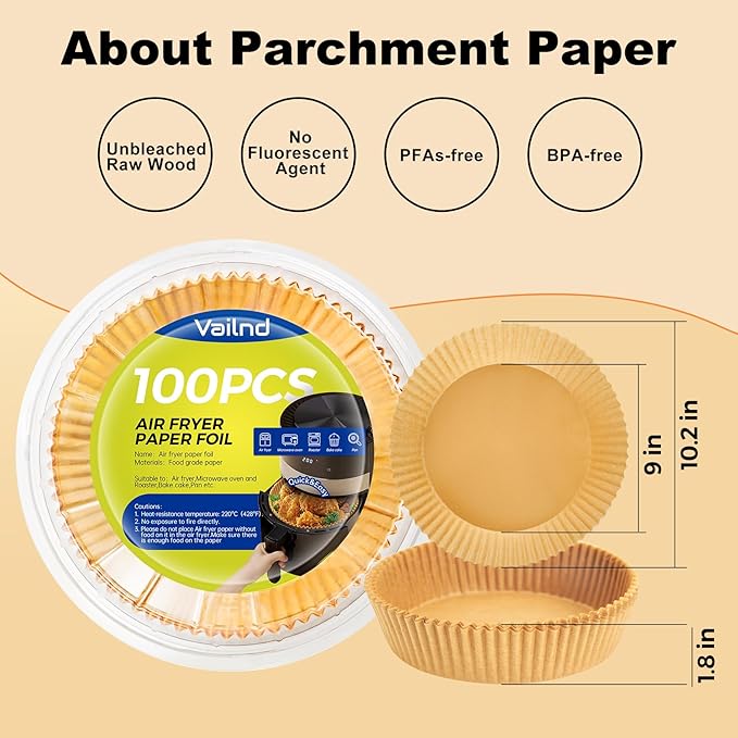 Vailnd Disposable Air Fryer Paper Liners, 9 Inch Max Xl Large Cooker Airfryer Parchment Paper