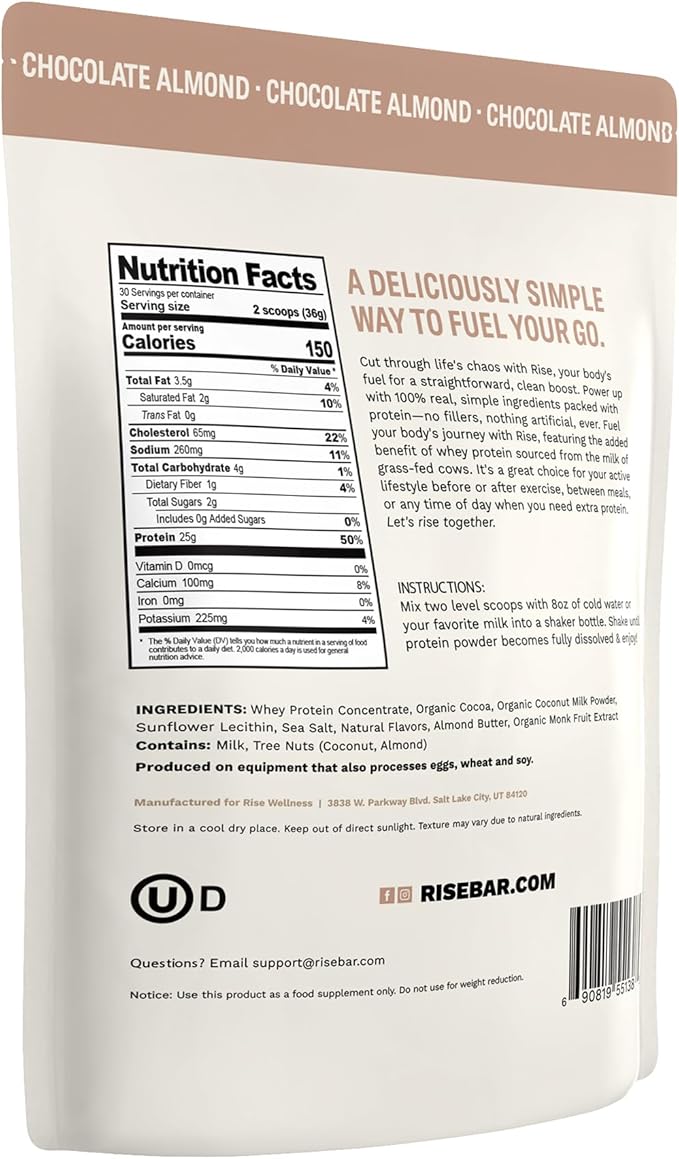 Rise Grass-Fed Whey Protein Powder - Chocolate Almond | 25g Protein No Artificial Flavors, Colors