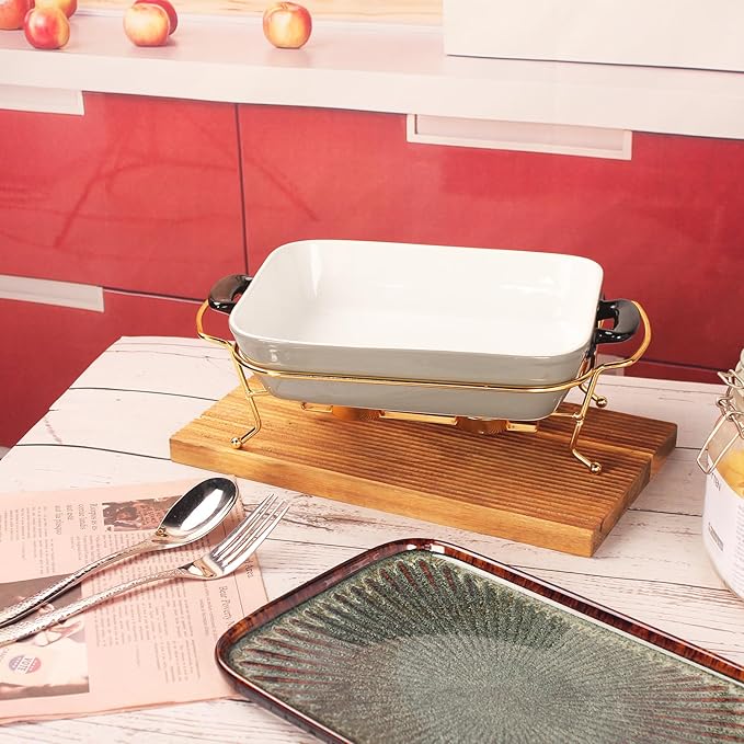 Ceramic Casserole Dish 1.3 Quart Bakeware with rack, 9 x 6 Lasagna Pan, Buffet, hot pot, Catering