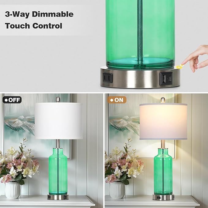 26.5" Coastal Green Glass Table Lamps Set of 2, 3-Way Dimmable Touch Control Bedside Lamps with USB