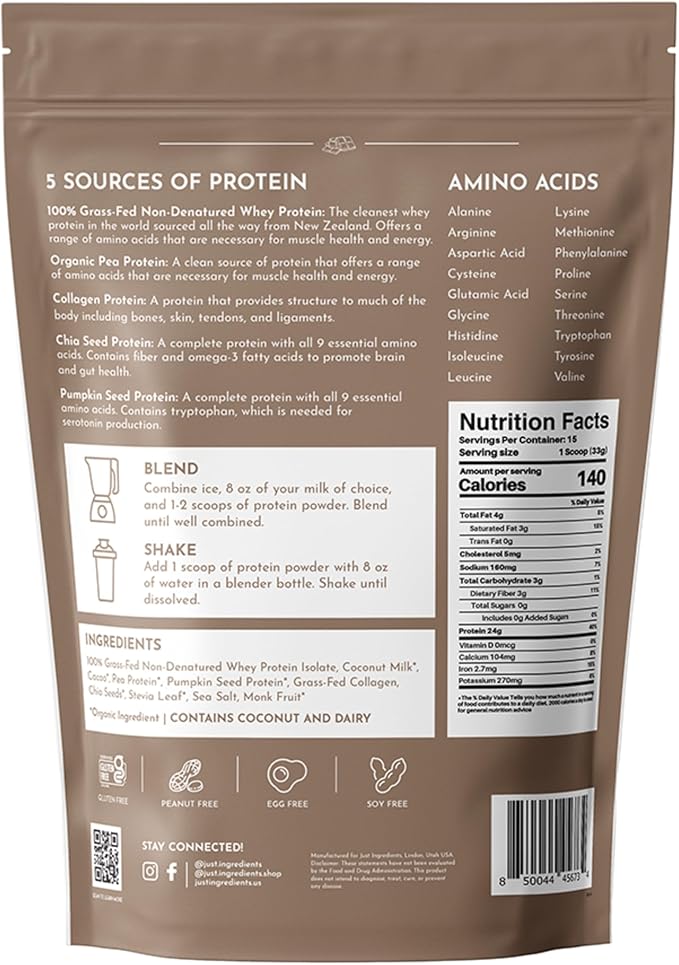 JUST INGREDIENTS Protein Powder | 15 Servings | 24g Protein | Chocolate Flavor Made with 100%