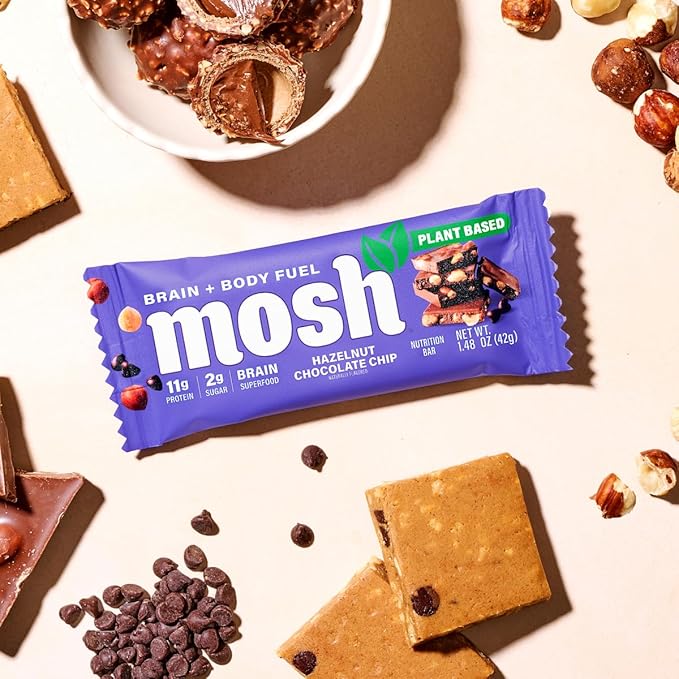 MOSH Hazelnut Chocolate Chip Vegan Protein Bars, Plant Based, Keto, Gluten Free, Brain Healthy