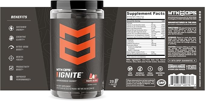 MTN OPS Ignite Trail Packs Energy Drink Powder, Gluten Free Nootropic Supplement Drink Mix, L