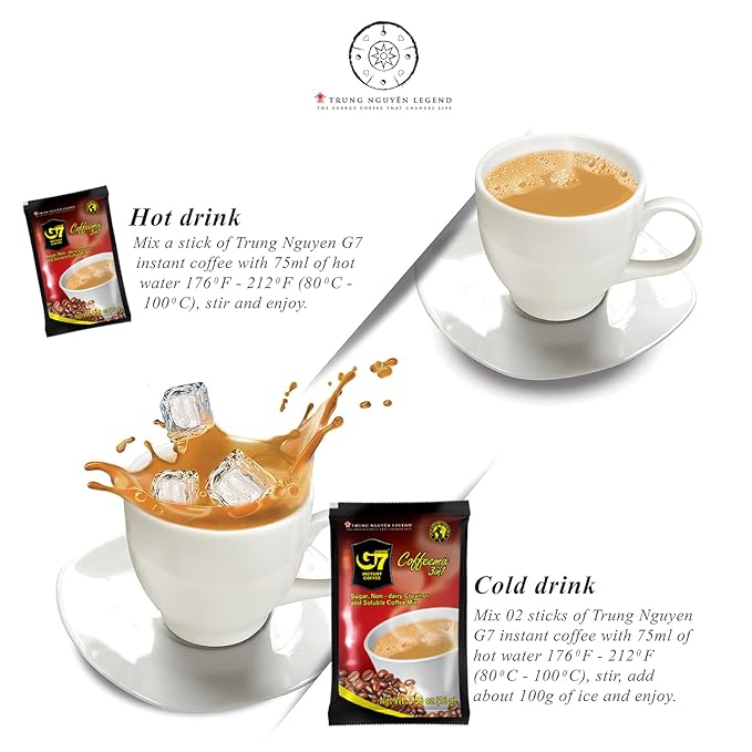 Trung Nguyen G7 Instant Coffee - 3-in-1 Roasted Ground Blend with Creamer & Sugar, Vietnamese