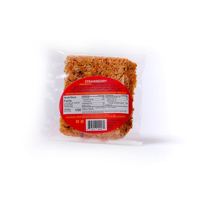 Mrs. Barr’s Natural Foods Granola Bars | Honey Strawberry | Certified Organic Gluten Free Oats |