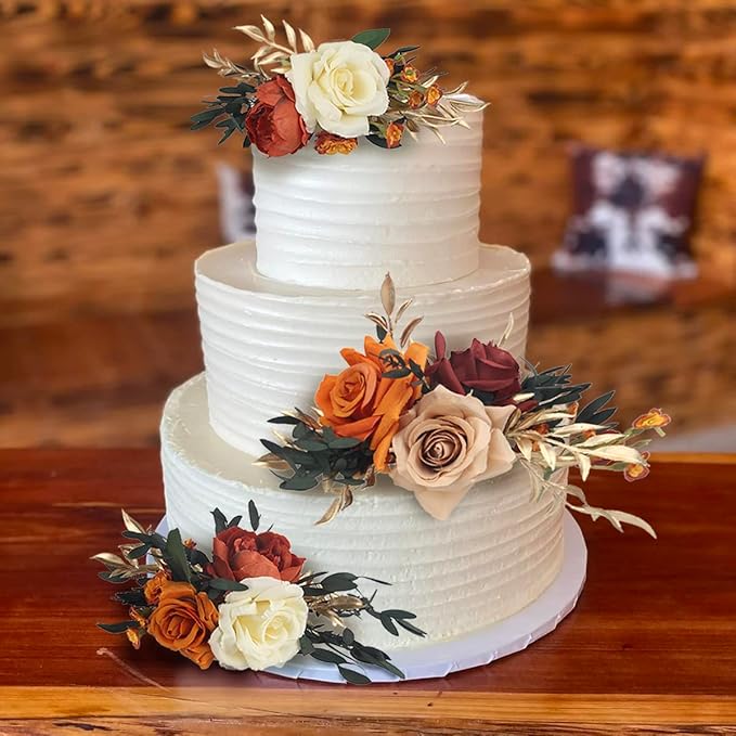 Rinlong 3Pcs Pre-made Cake Topper Cake Decorating Flowers for Cake Decor Boho Burnt Orange Fall