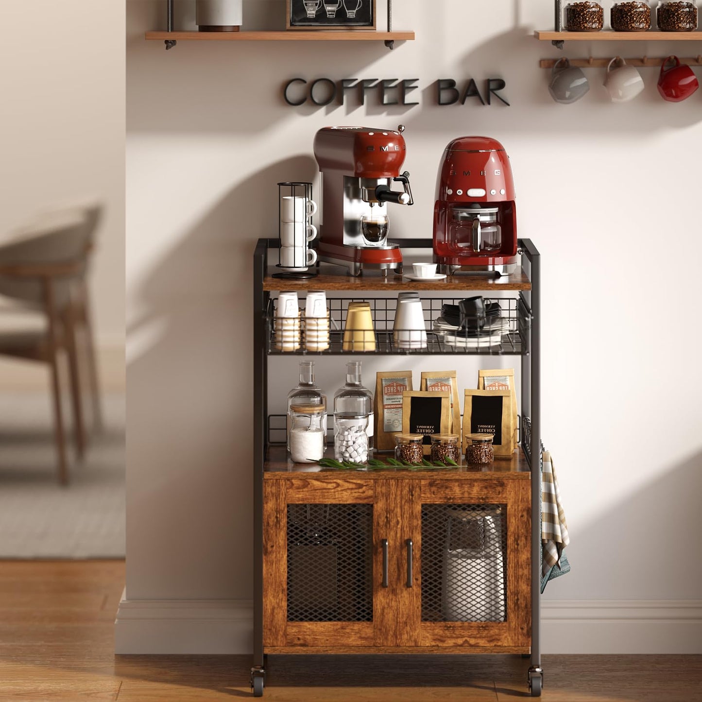 Hencawima Coffee Bar Cabinet, 3 Tier Coffee Station Table on Wheels, 35.9" H Bar Cart with Wire