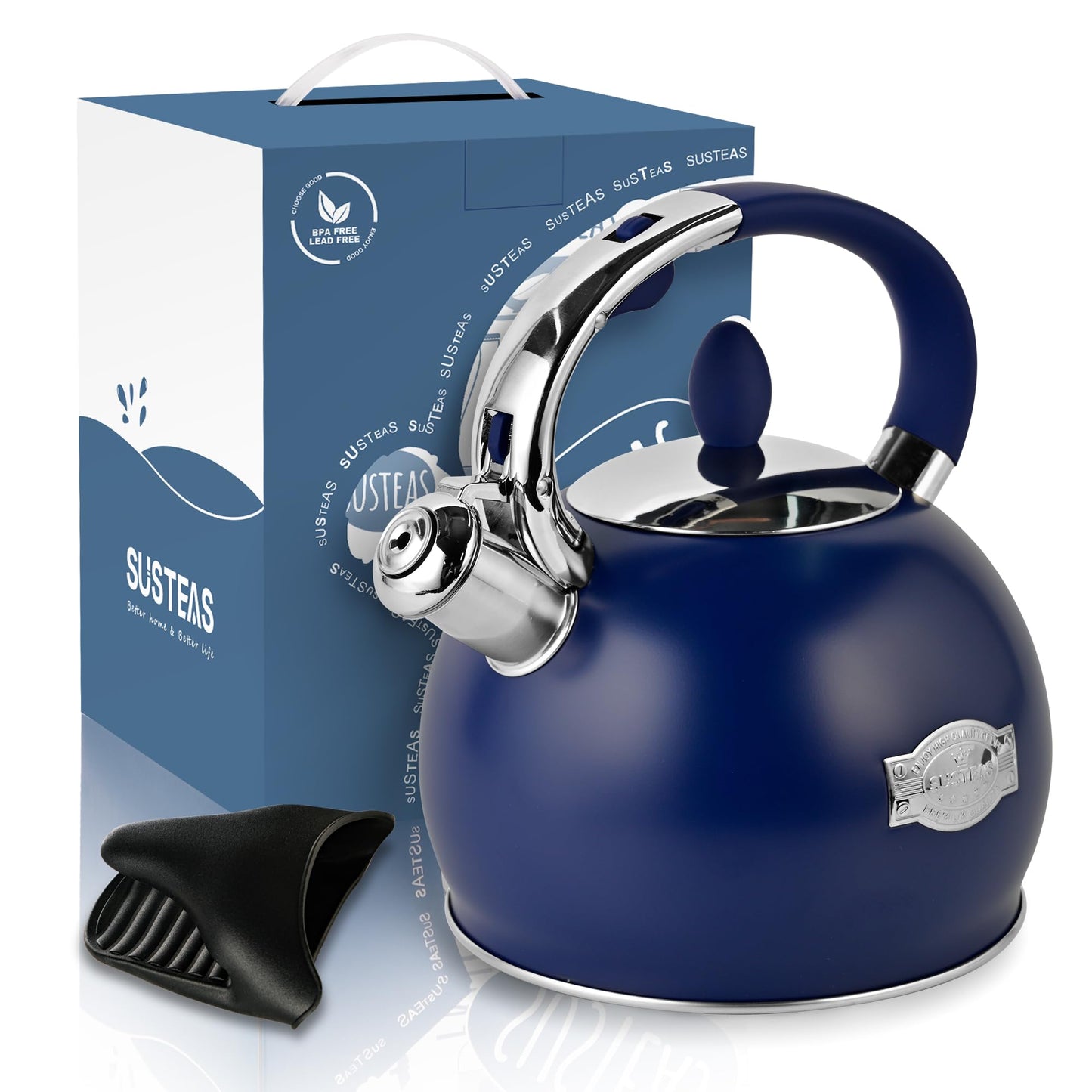 SUSTEAS Whistling Tea Kettle, 2.7QT Food-Grade Steel Teapot, NAVY BLUE