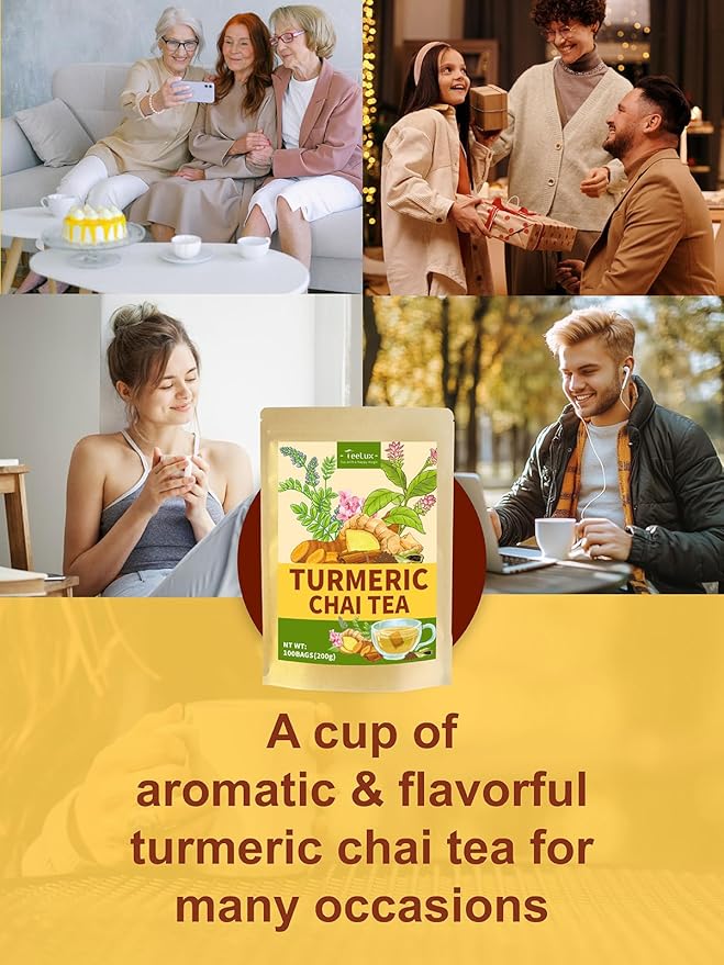 TeeLux Turmeric Chai Tea, Turmeric Tea with Licorice, Cinnamon, Ginger & Green Cardamom, Warming &