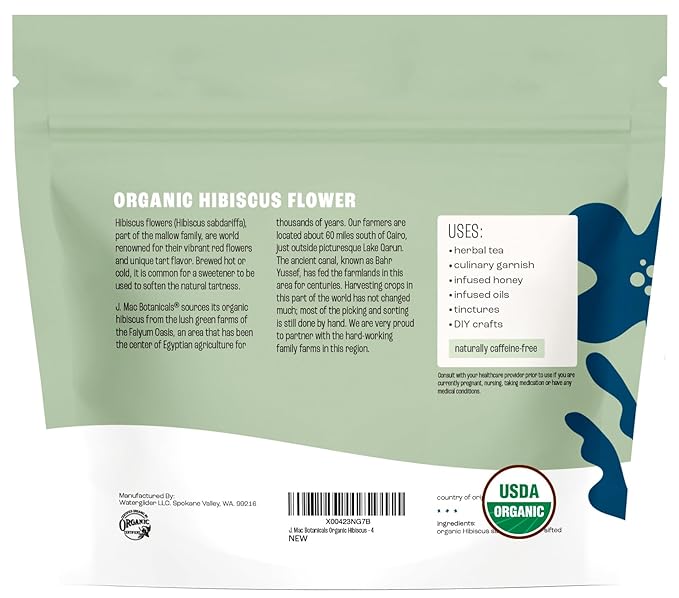 J Mac Botanicals, Organic Hibiscus Flower (4 ounce), Hibiscus tea, cut & sifted flowers, dried from