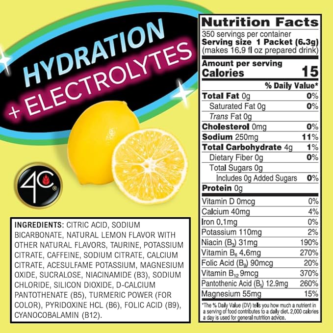 4C Powder Energy Rush Stix, Energy Rush - Lemonade Electrolyte 350 Count, Bulk Buy, Singles Stix