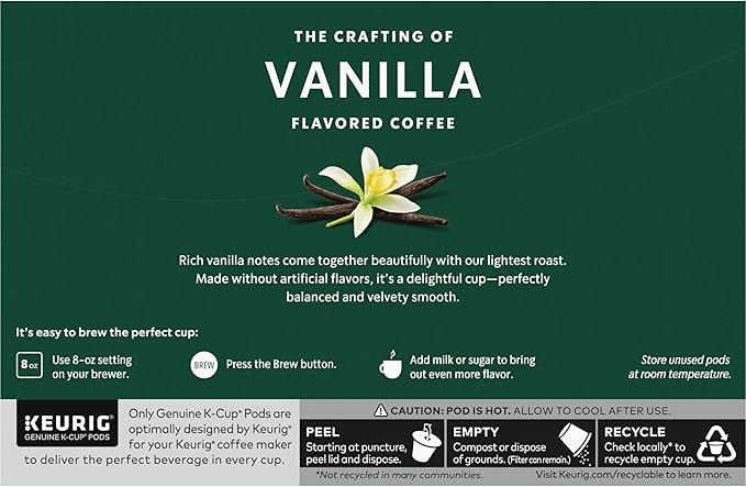Starbucks K-Cup Coffee Pods, Vanilla Flavored Coffee, Naturally Flavored, 100% Arabica, 6 boxes (60