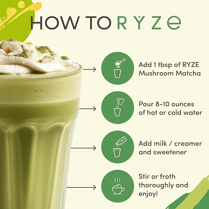 RYZE SUPERFOODS Mushroom Matcha Starter Kit, USDA Organic with 6 Adaptogenic Mushrooms and