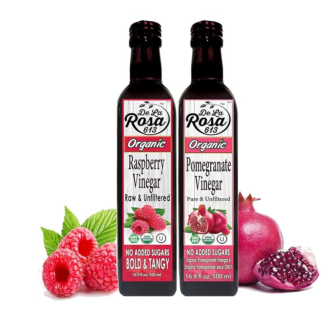 De La Rosa Organic Raspberry & Pomegranate Vinegar, Raw & Unfiltered, Vegan, Gluten Free & Kosher