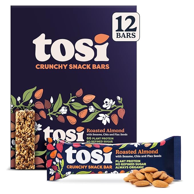 Tosi Almond Protein Bars, Plant Based with Nuts, Gluten-Free Crunchy Snacks, Vegan, Organic, Flax &