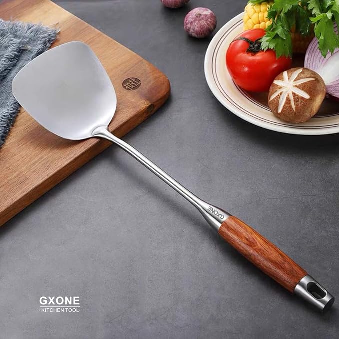 Chinese Wok Spatula, 304 Stainless Steel Spatula with Heat Resistant Wooden Handle Wok