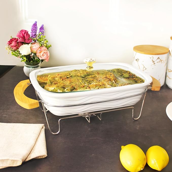 12" x 8" Ceramic Casserole Baking Dish With Glass cover and rack, Lasagna Pan Deep for Oven, 2.2
