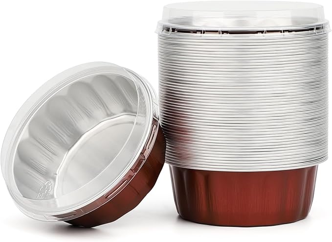 Beasea Disposable Ramekins for Baking, 8oz 50 Pack Aluminum Foil Cups with Lids, Creme Brulee