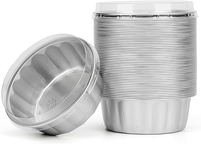 Beasea Ramekins with Lids, 8oz 50 Pack Disposable Aluminum Cups for Baking, Silver Aluminum Foil