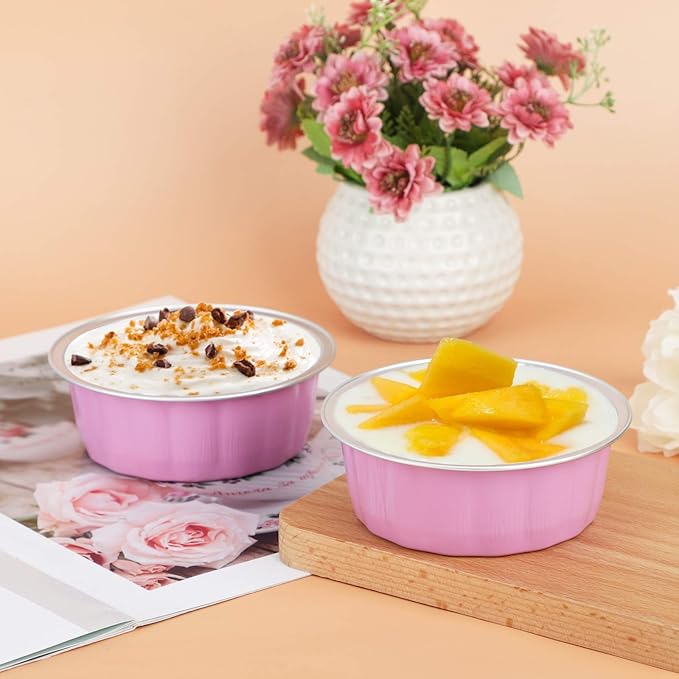 Beasea Disposable Ramekins with Lids Pink, 8oz 100 Pack Aluminum Cups for Baking, Aluminum Foil