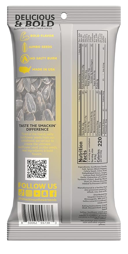 SMACKIN' Sunflower Seeds, Roasted Jumbo Small-Batch, American Made - Lemon Pepper. 1.5oz bags (36