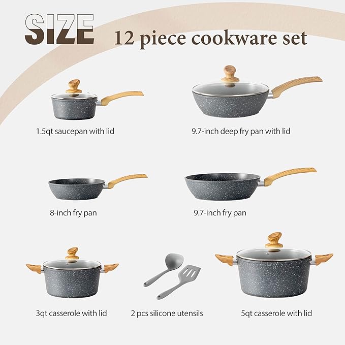 Kitchen Academy Induction Cookware Sets - 12 Piece Gray Cooking Pan Set, Granite Nonstick Pots and