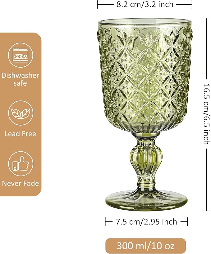 Joeyan Green Vintage Wine Glasses,Water Goblet Glasses,Stemmed Drinking Glasses with Embossed