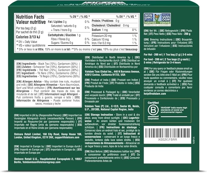 VAHDAM, Cardamom Masala Chai Tea Bags (100 Count) Non GMO, Gluten Free, No Artificial Flavor |