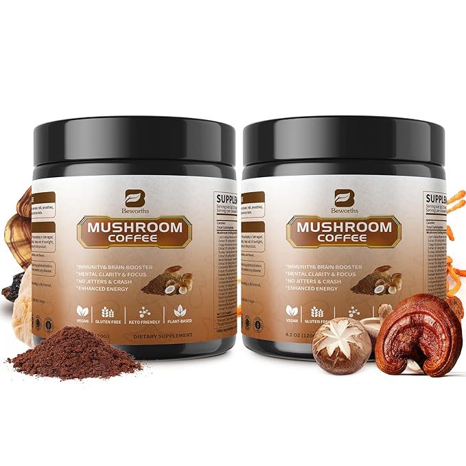 B BEWORTHS 2Pack Mushroom Coffee Powder with MCT Oil - 10 Mushroom Lion's Mane, Turkey Tail