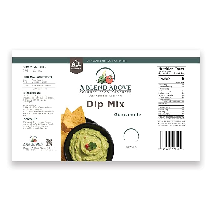 A Blend Above Guacamole Dip Mix, 3 Packs, 1 oz. Each, Makes 16 Ounces, Gluten-Free, No MSG, All