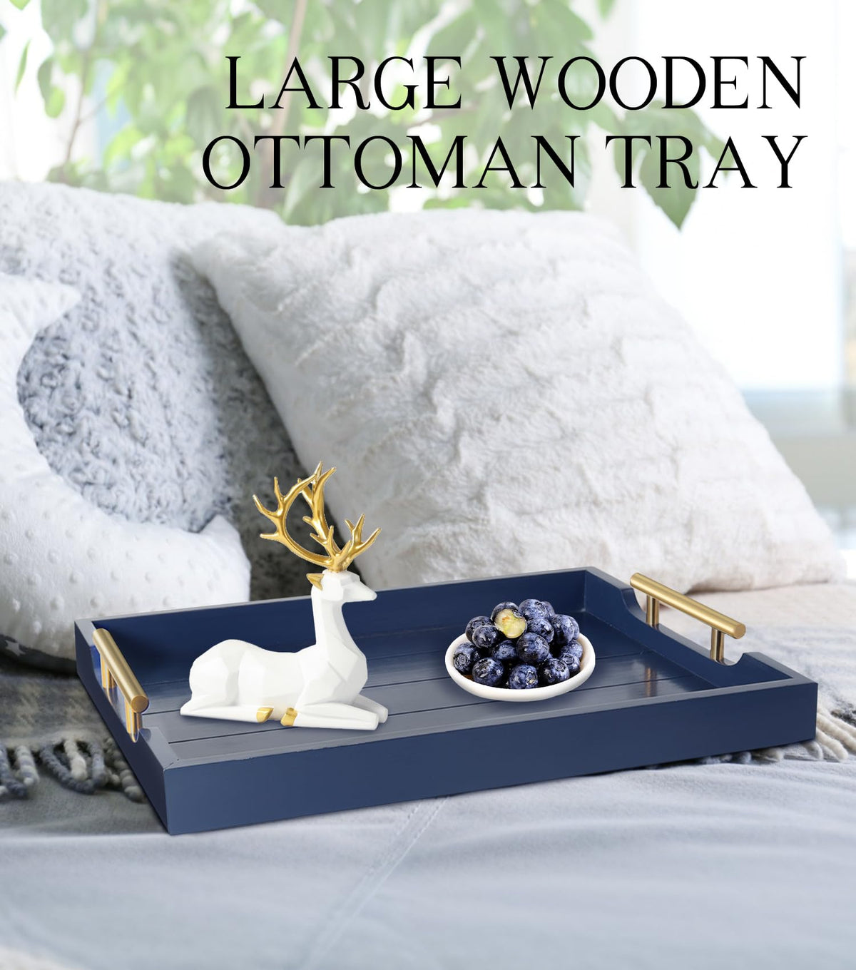 SXNOWS Wooden Serving Tray with 2 Sets of Handles,Navy Blue