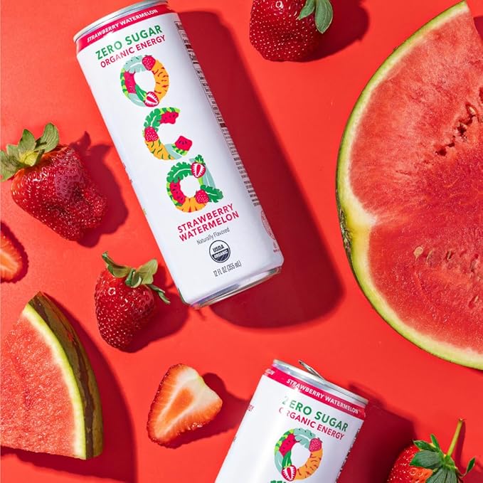 OCA ZERO Strawberry Watermelon, Organic energy drink, zero sugar, gluten-free, vegan plant-based