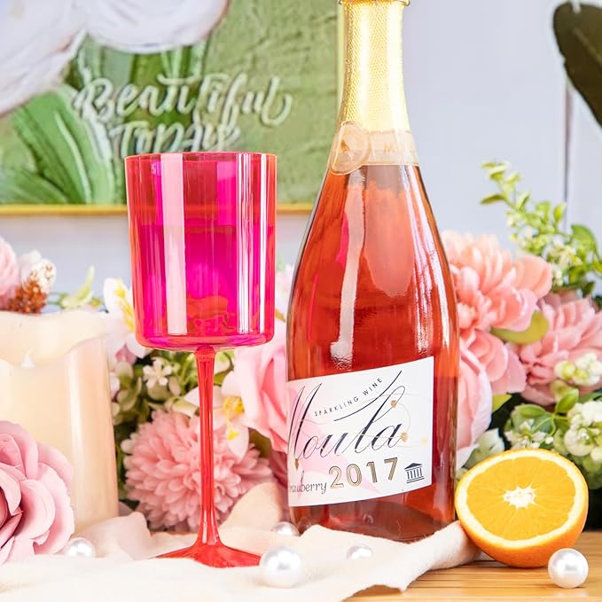 Ciaell 12 Pack Plastic Wine Glasses - 10Oz Hot Pink Plastic Wine Glasses With Stem - Disposable