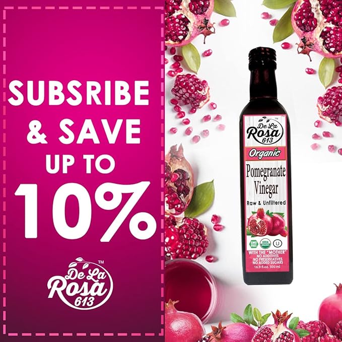 De La Rosa Organic Pomegranate Vinegar, Pure & Unfiltered, Vegan, Gluten Free & Kosher, Great for