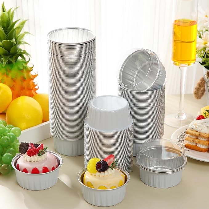 Gejoy 400 Pcs Aluminum Foil Baking Cups with Lids 5 oz Disposable Ramekins Mini Cake Pans Creme