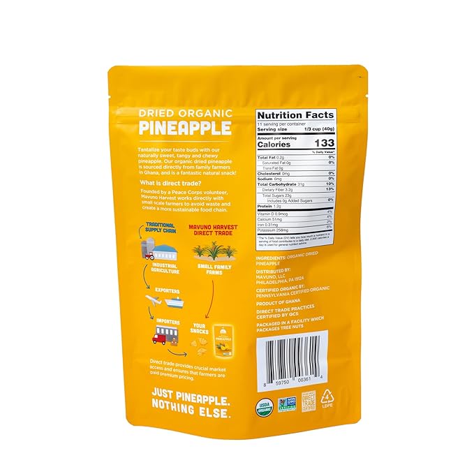 Mavuno Harvest Pineapple Dried Fruit Snacks | Organic Dried Pineapple Chunks | Gluten Free Healthy