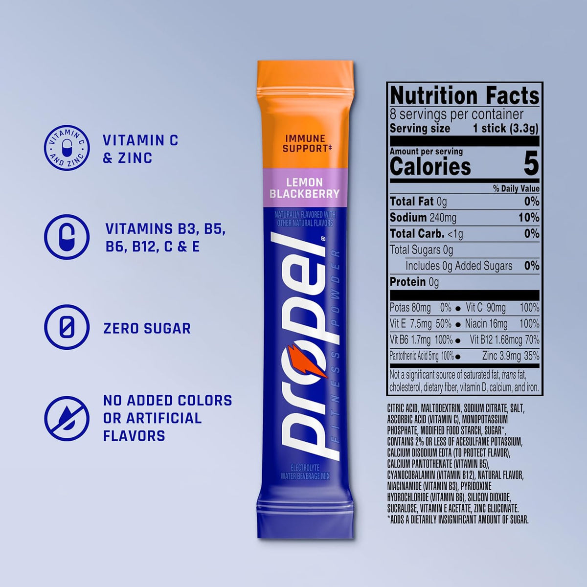 Propel Immune Support Powder Drink Mix, Lemon Blackberry, Zero Sugar Electrolyte Hydration Packets