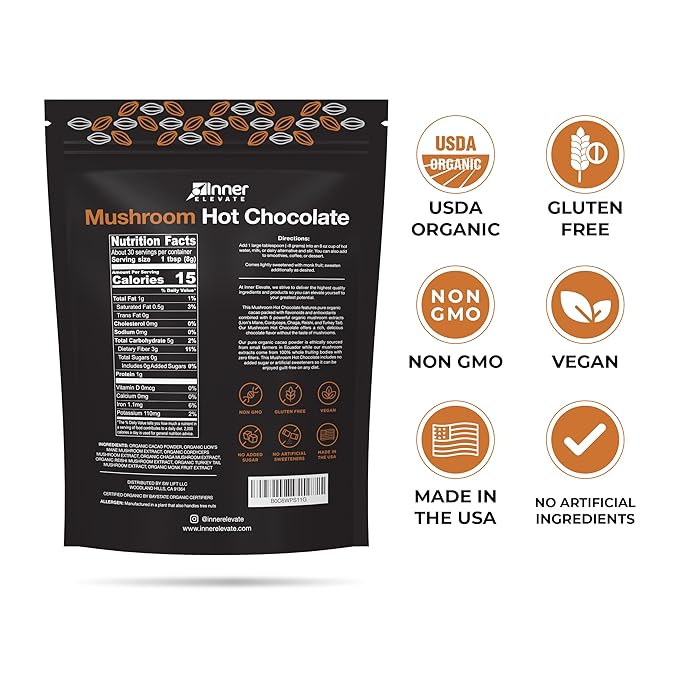 Inner Elevate Mushroom Hot Chocolate Superfood - Ceremonial Cacao with 5 Mushrooms (Lion's Mane