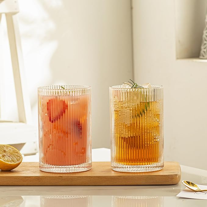 Vintage Ribbed Glassware Set: 6pcs 16.9oz XL Drinking Glasses, Fluted Ripple Drinkware, Origami