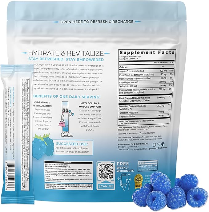 One Sol BCAA & Electrolyte Powder for Hydration & Energy, All-Natural Formula, 100% Vegan, Non-GMO