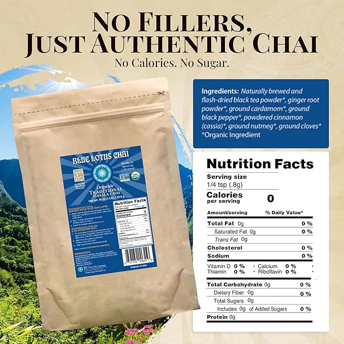 Blue Lotus Chai - Fully Organic Traditional Masala Chai - Makes 530 Cups - 1 Pound Bulk Bag Masala