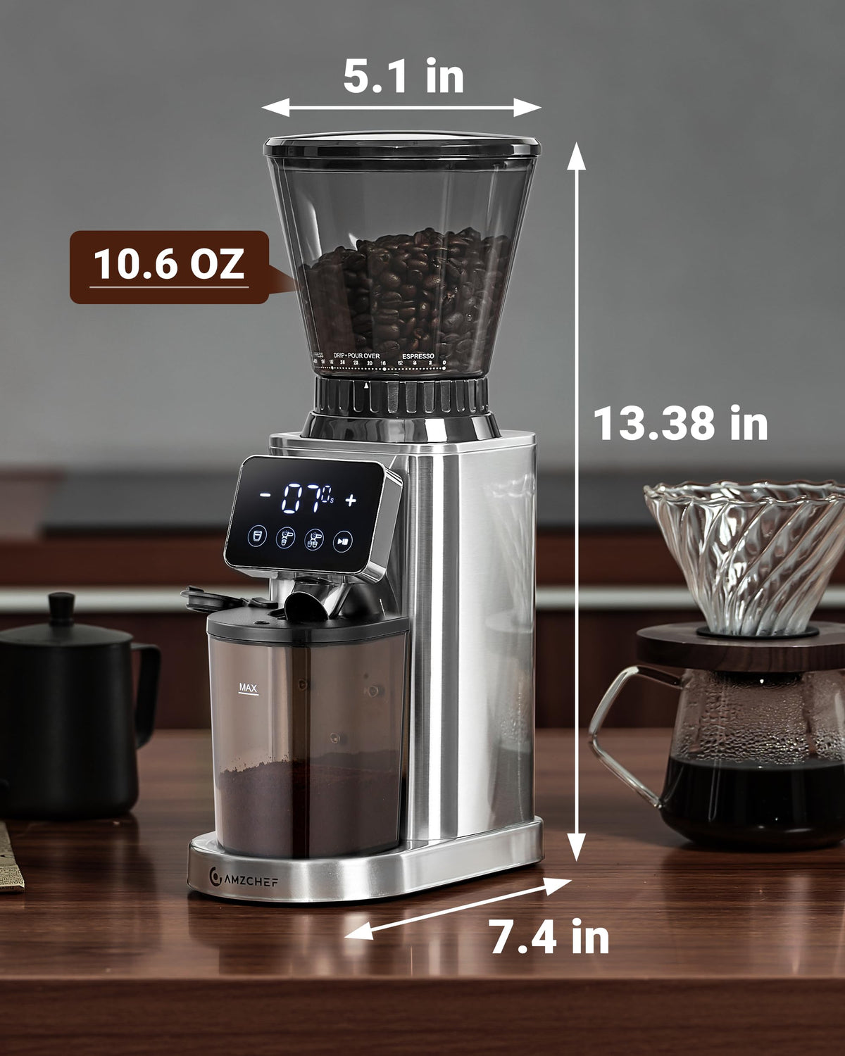 AMZCHEF Burr Coffee Grinder, 48 Settings, Less Static Mess, Metallic Silver