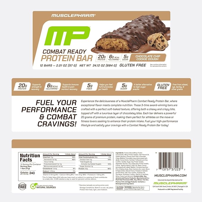 MusclePharm Combat Sport Bar, Chocolate Chip Cookie Dough, High Protein Bars, Combat Cravings, Fuel