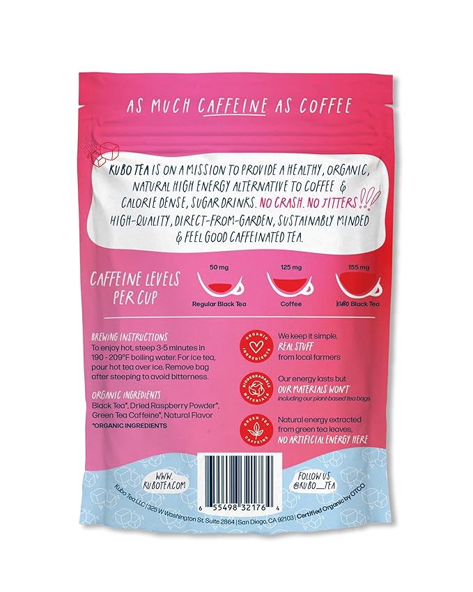 Kubo Tea Organic High Energy Iced Tea - High Caffeine Raspberry Blend - Healthy Coffee Substitute