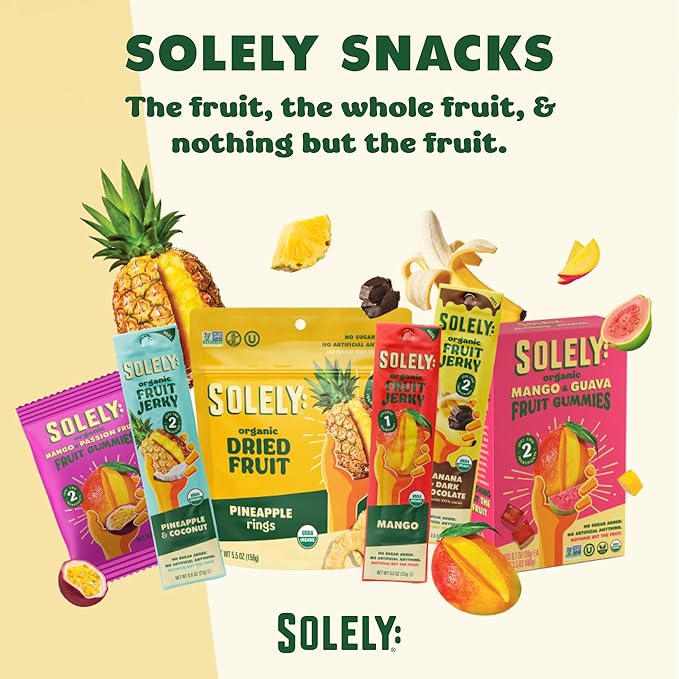 SOLELY - Organic Mango Guava Fruit Jerky - 12 Individually Wrapped Strips (12-Pack) - Fruit Leather