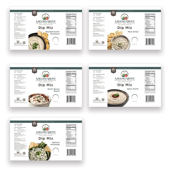A Blend Above Dip Mix 5 Pack Includes Roasted garlic Parmesan, Maui Onion, Garlic Bacon Ranch